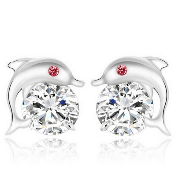 925 Silver Red Eye Dolphin Zircon Stud Earrings for Women, FB16FA1012 - Picture 1 of 1